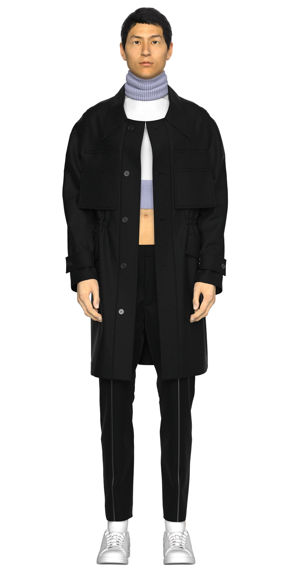 Look 07 from the AW19 lineup, featuring a black wool field coat layered over a cropped silk knit turtleneck top, styled with black zip-detail wool trousers, and white sneakers.