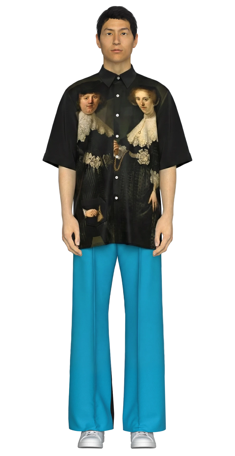 Look 08 from the AW19 lineup, featuring a graphic printed work shirt, cerulean blue and black two-tone wool trousers, styled with a black wool twill cap, and white sneakers.