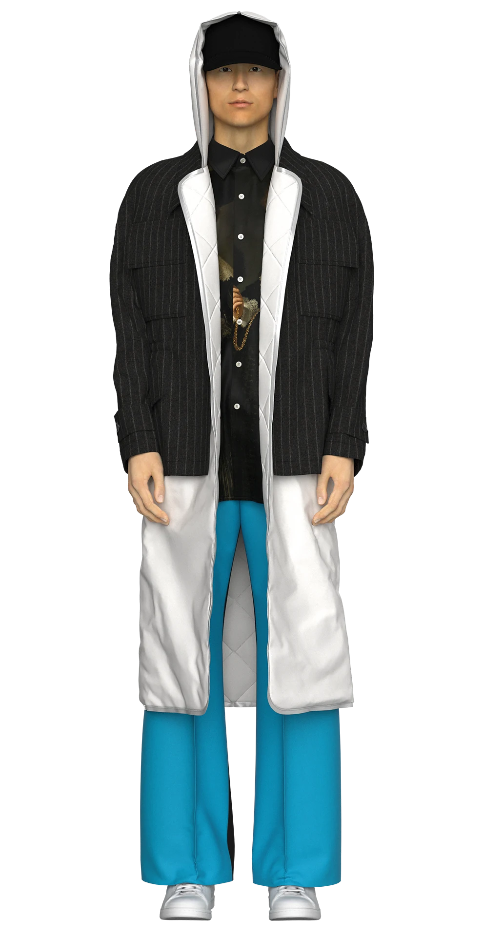 Look 08 from the AW19 lineup, featuring a gray pinstripe field jacket with a white detachable puffer liner, layered over a graphic printed work shirt, styled with a black wool twill cap, cerulean blue and black two-tone wool trousers, and white sneakers.