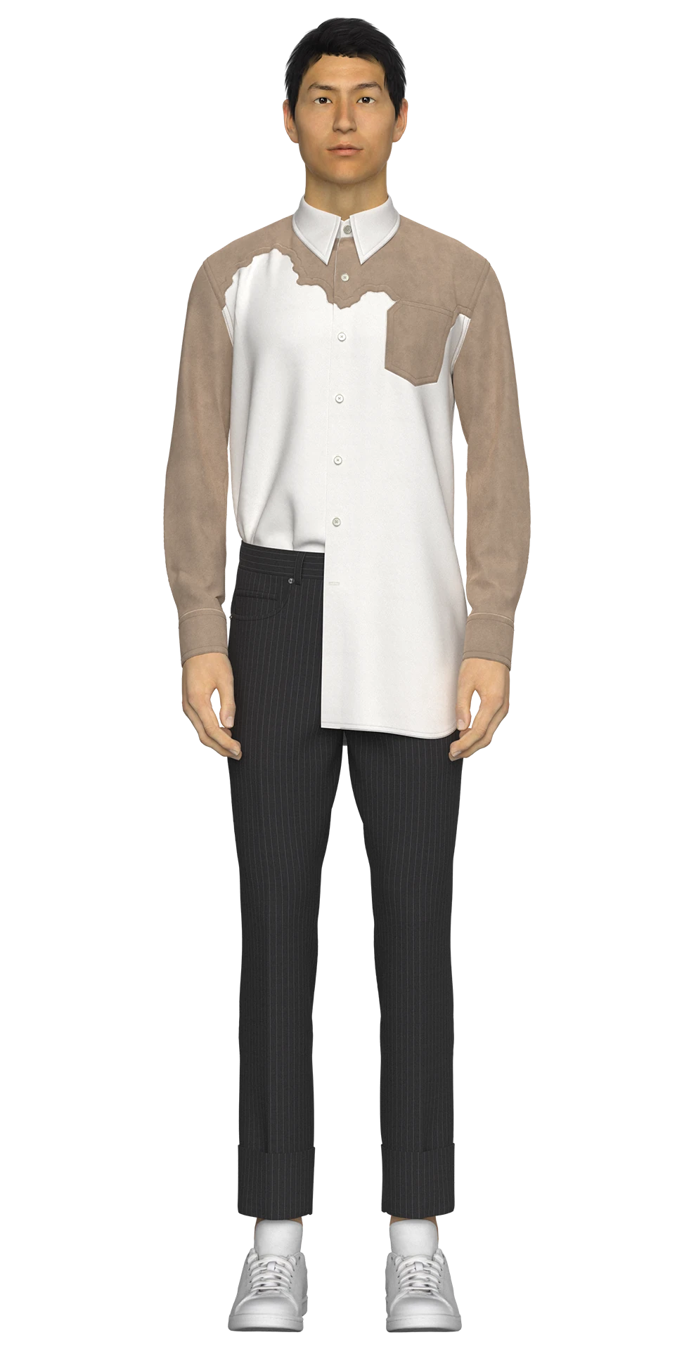 Look 03 from the AW19 lineup, featuring a white and beige needle-punched cotton-poplin shirt, charcoal pinstripe wool trousers, styled with white sneakers.