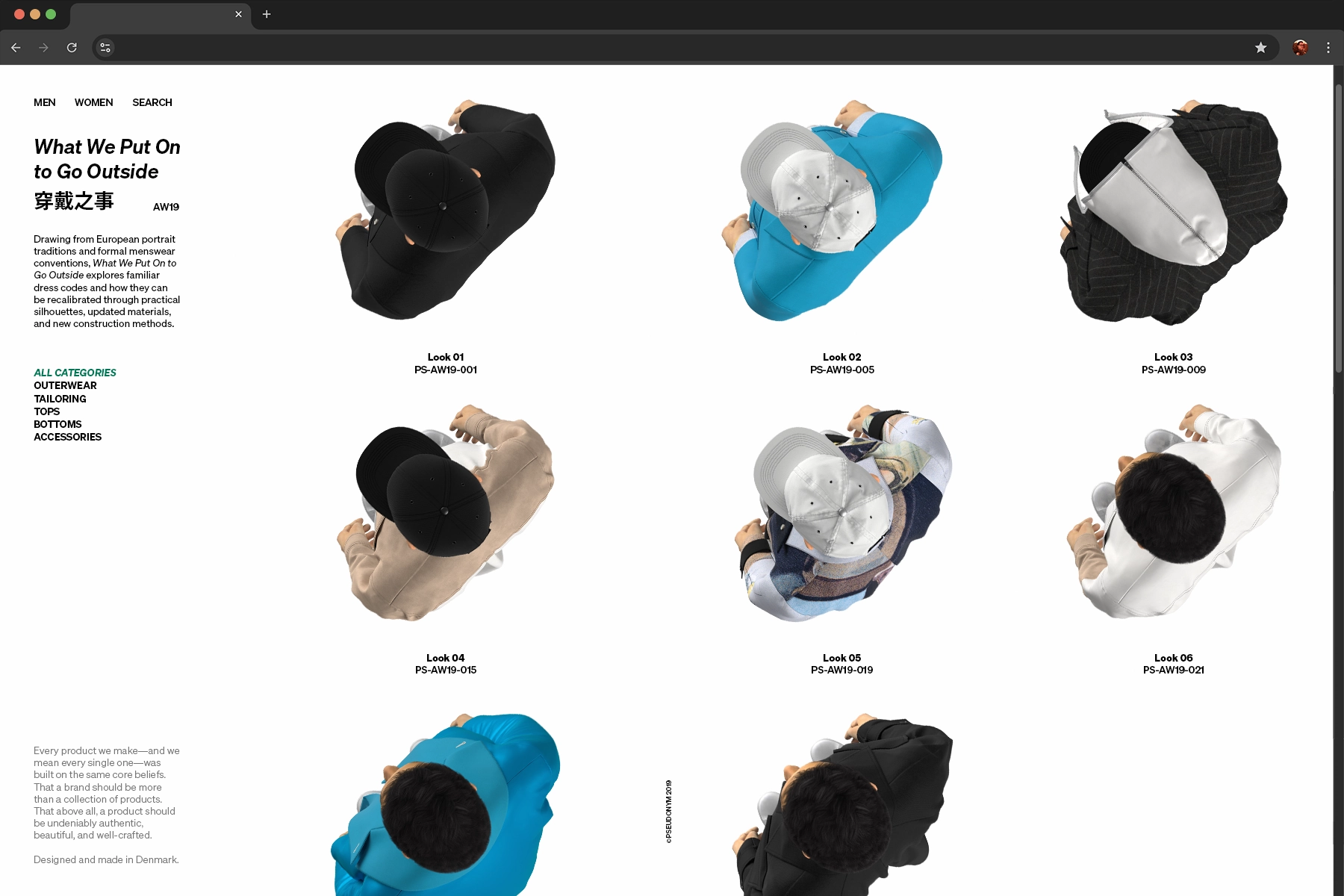PSEUDONYM Autumn Winter 2019 collection overview showing top-view product looks, outfit labels, and the project concept layout for What We Put On to Go Outside.