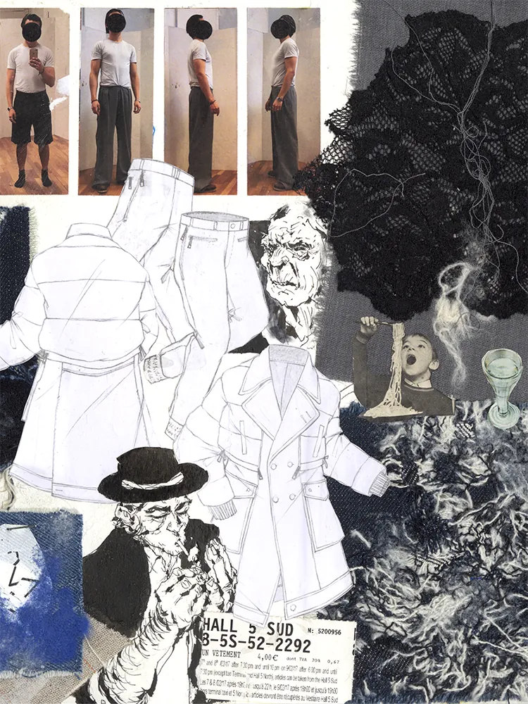 Sketchbook page with menswear drawings, fit photos, fabric swatches, and needle-punched textile samples.
