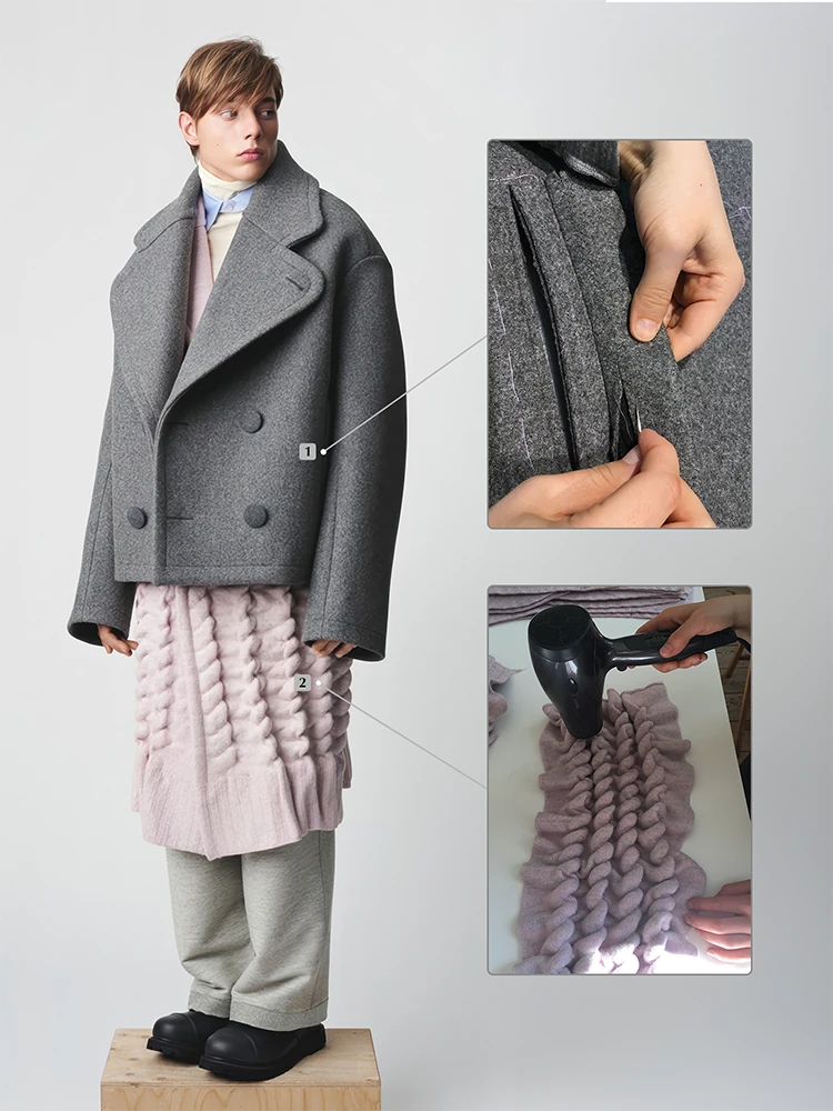 Menswear look with oversized gray wool outerwear, pale pink wool coat with raised cable-like ridges, and two construction detail insets.