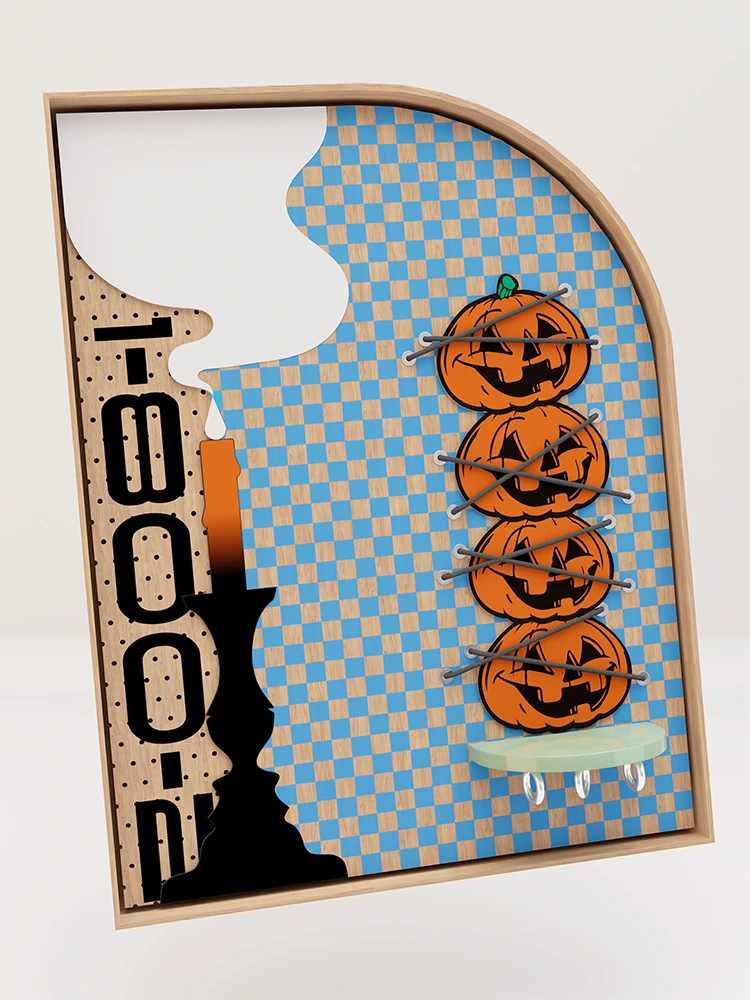 3D render of a framed wall artwork with a blue checkerboard surface, stacked orange pumpkins, gray lacing, and vertical black lettering.