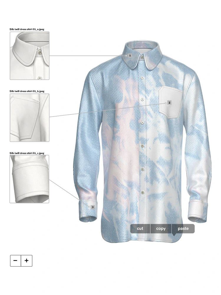 Digital shirt prototype with blue bleached tie-dye trompe-l’œil print placement, construction detail callouts, and interface controls.