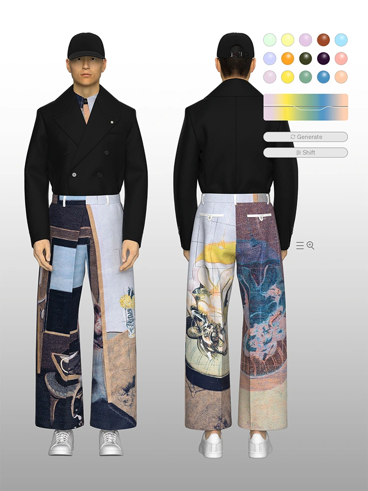 Digital garment look shown front and back with color swatches, a gradient curve control, and Generate and Shift buttons.