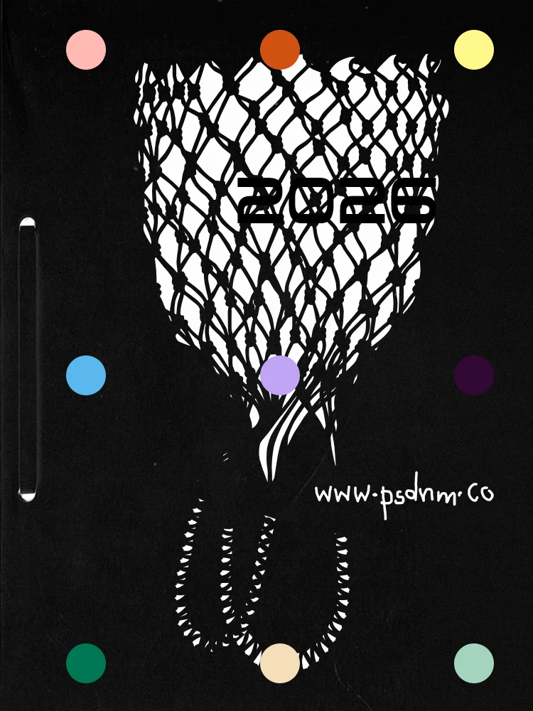 Black campaign image of a macrame mesh bag silhouette, 2026 text, colored dots, and psdnm.co lettering.