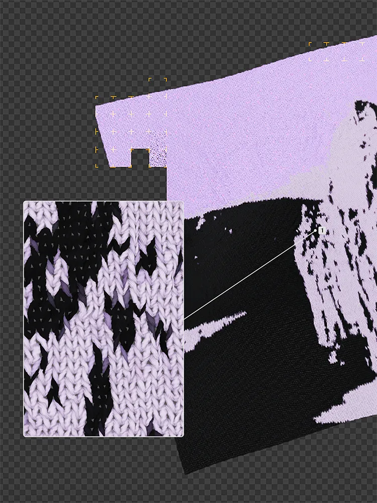 Blender viewport showing a black and lavender knit texture simulation with a close-up knit inset.