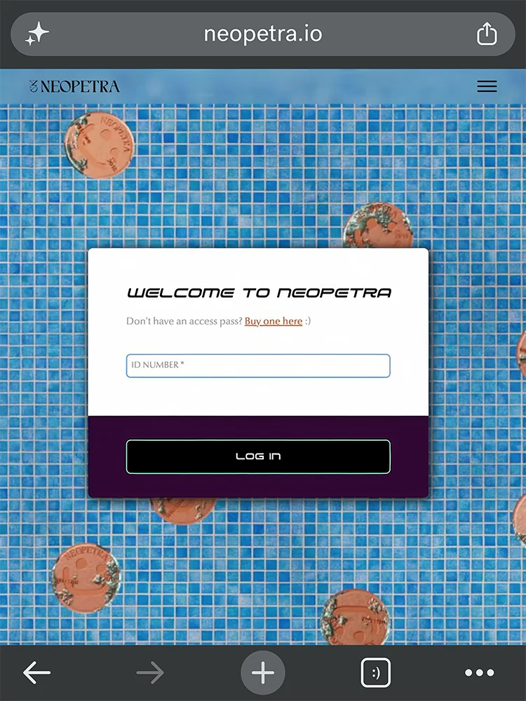 Mobile browser view of a login page over blue pool tiles with NeoPetra-branded copper coins.
