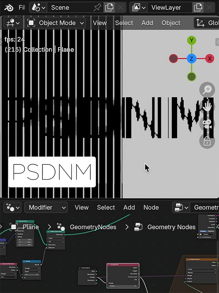 Blender viewport showing a slit-mask scanimation setup with PSDNM letterforms, vertical black-and-white strips, a source animation inset, and Geometry Nodes below.