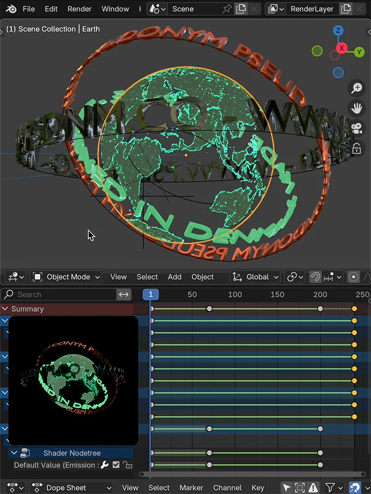 Blender interface showing a holographic globe with rotating text rings and an inset of the final rendered loop.