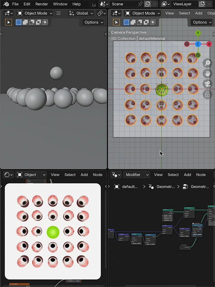 Blender interface showing a grid of eyeballs focused on a green sphere, with geometry nodes and a rendered loop inset.
