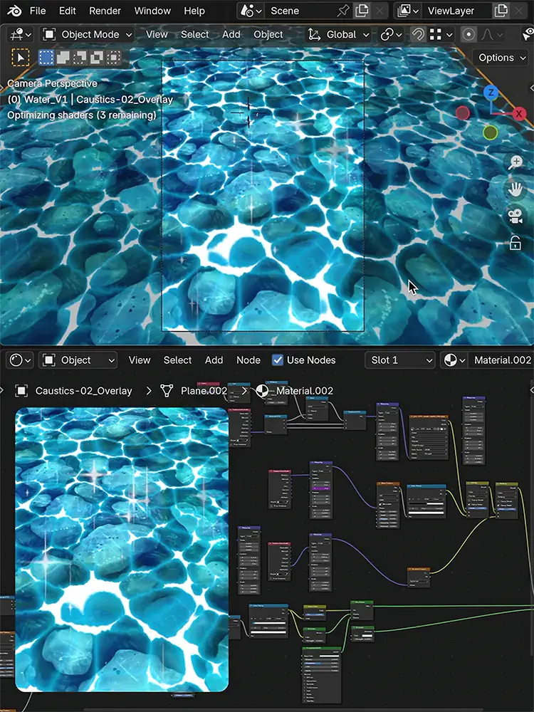 Blender interface showing a blue caustic water shader with a finished-render inset and material nodes.