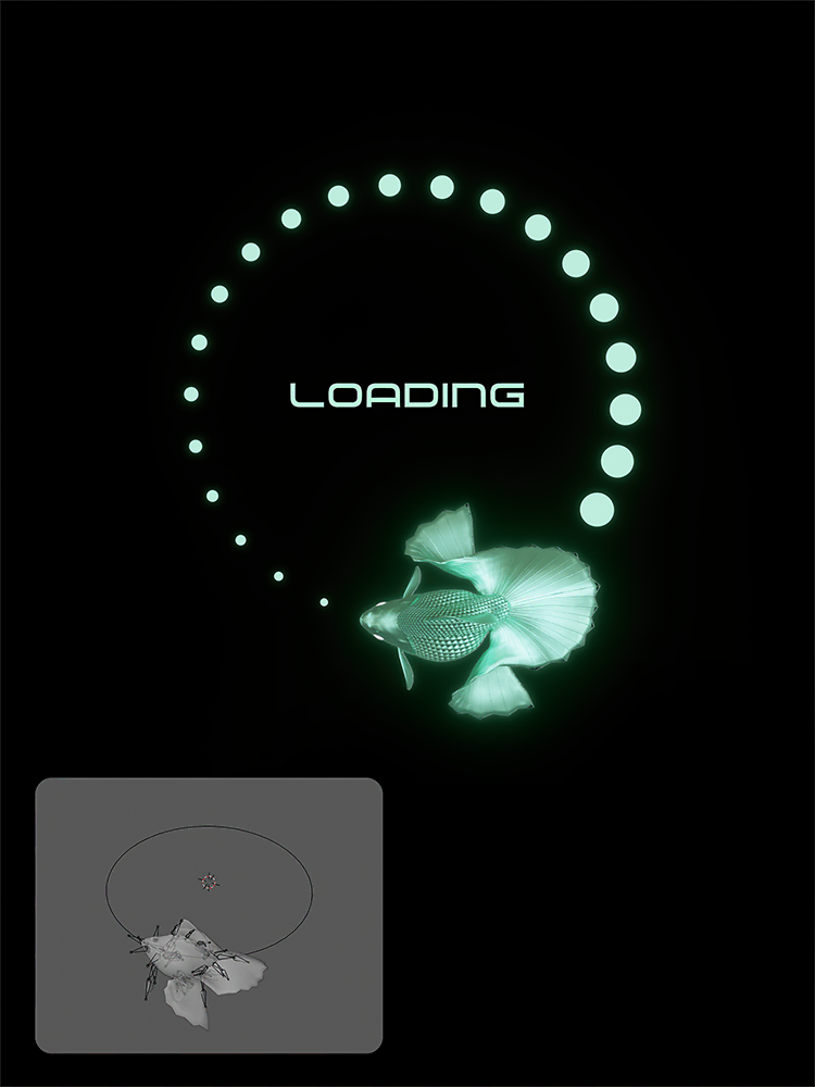 Glowing green goldfish circling a loading indicator, with its rig shown in a Blender viewport inset.