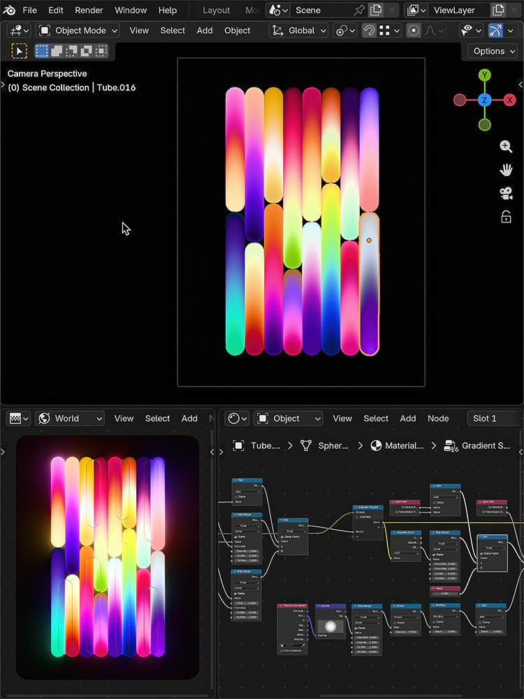 Blender interface showing glowing procedural gradient forms, a final rendered inset, and a shader node graph.