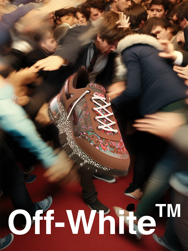 Off-White campaign image with a 3D sneaker render over a chaotic crowd scene and large white Off-White logo.