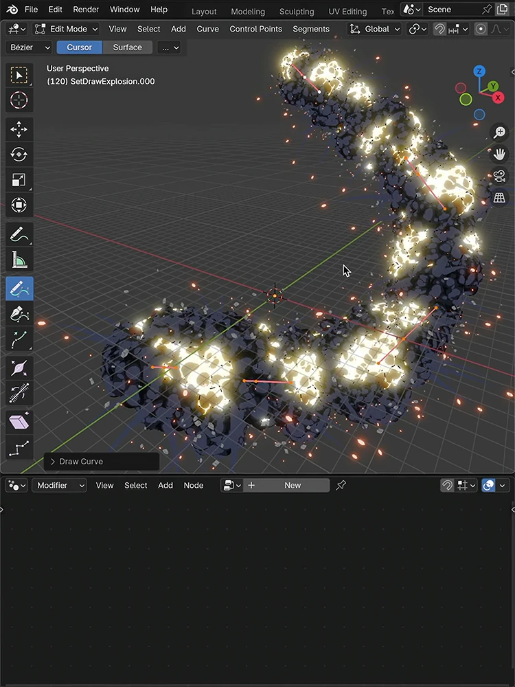 Blender interface showing a glowing anime-style explosion chain following a drawn curve in the viewport.