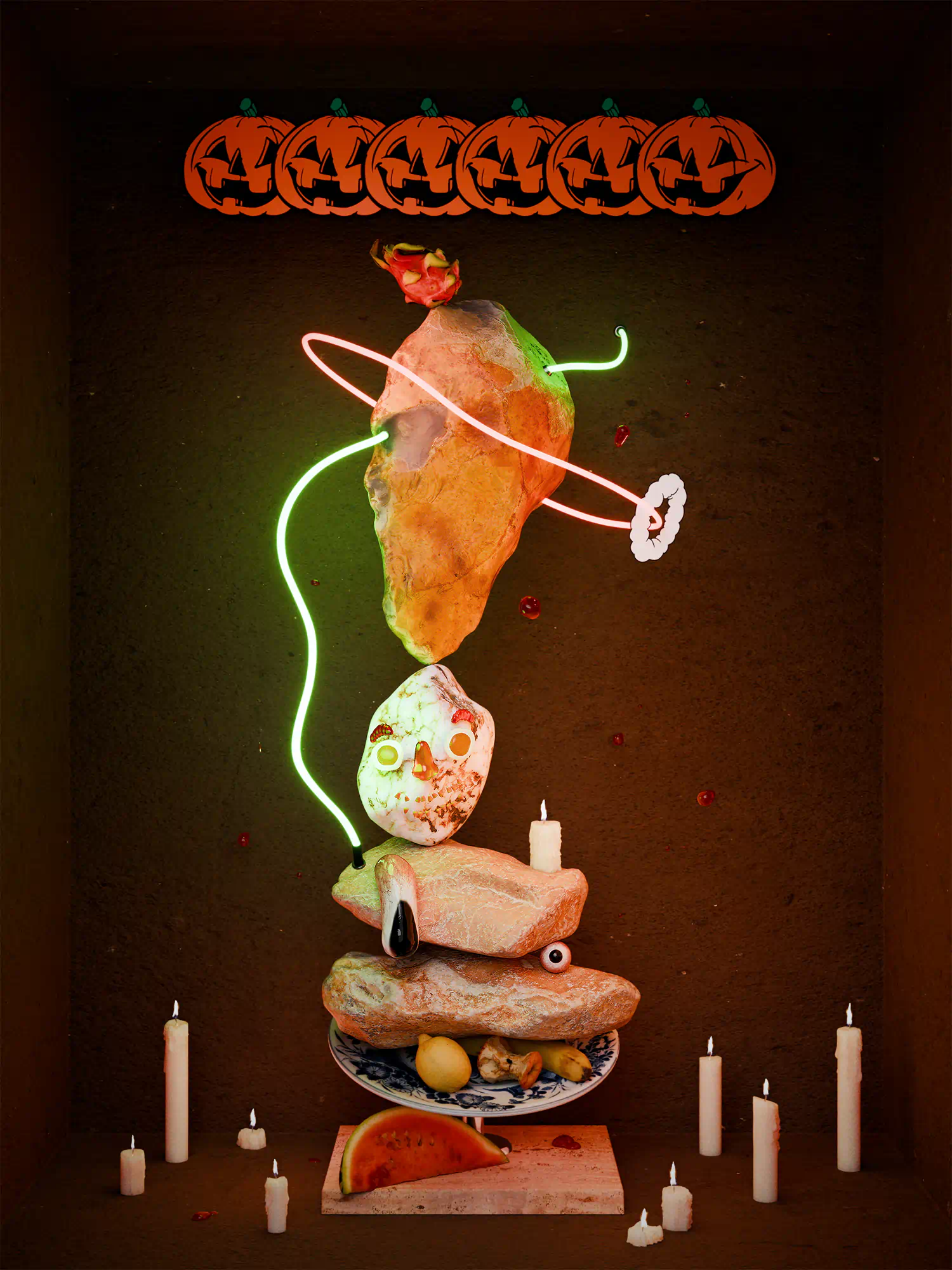 Vertically stacked sculpture of stones and fruit beneath a row of orange pumpkins, surrounded by candles and glowing neon lights in a recessed niche.