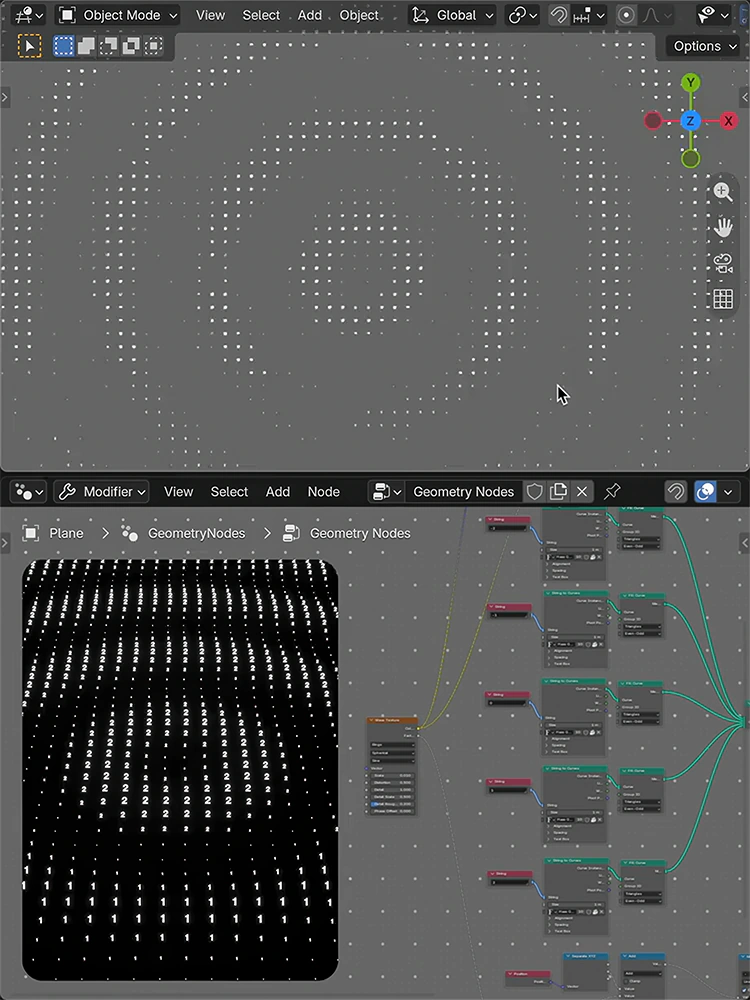 Blender interface showing white numerals arranged in wave patterns, with rendered preview inset and Geometry Nodes network.