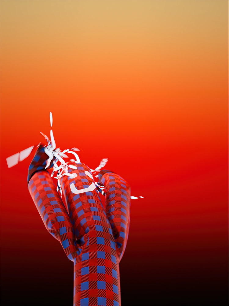 Red-and-blue plaid inflatable character folded against a sunset gradient background.