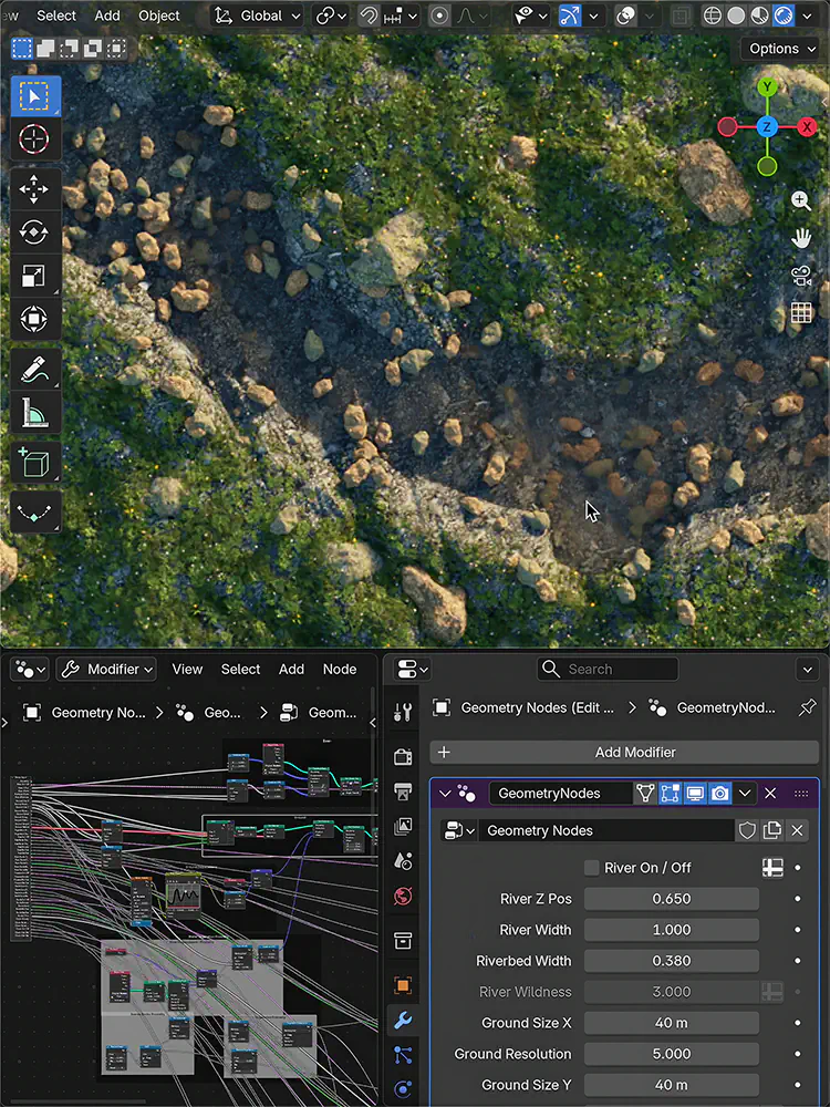 Blender viewport showing a procedural landscape with a winding river, rocks, vegetation, and a Geometry Nodes setup controlling the environment.