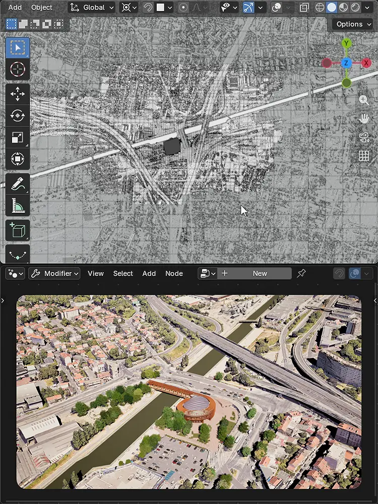 Blender viewport showing 3D city map data with an architectural visualization inset below.