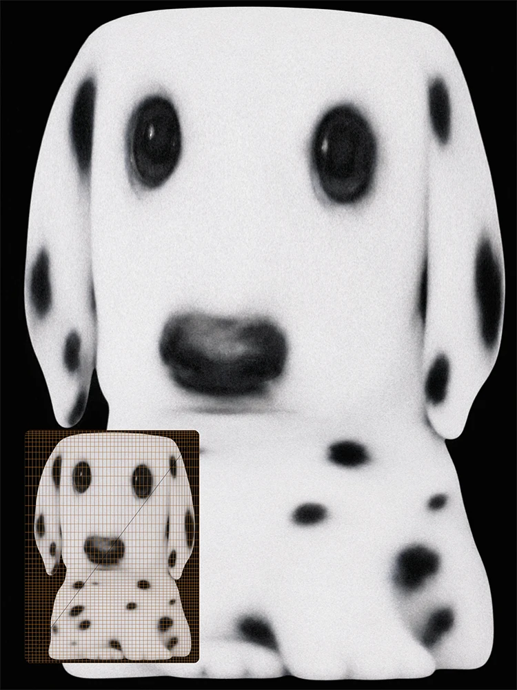 Distorted Dalmatian render with an inset showing the animated wireframe mesh deformation.