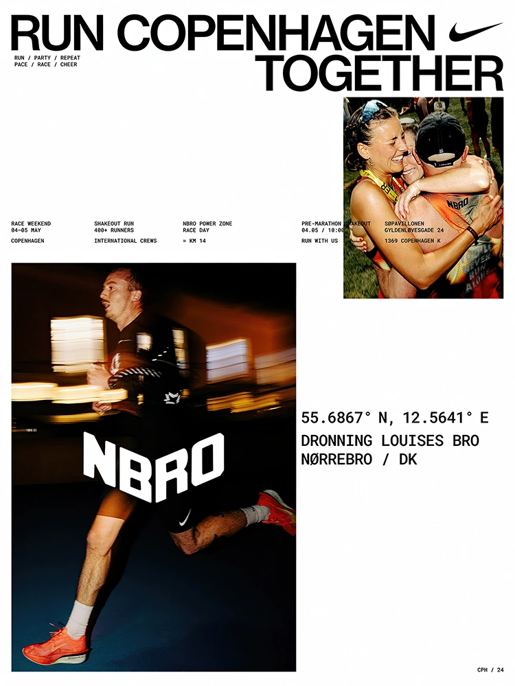 Nike × NBRO Copenhagen running campaign layout with oversized typography, event information, and running photography.