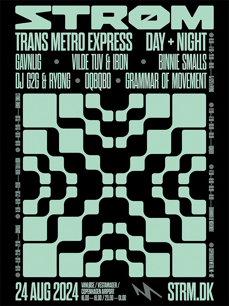 Strøm Trans Metro Express poster with modular geometric pattern and event typography.