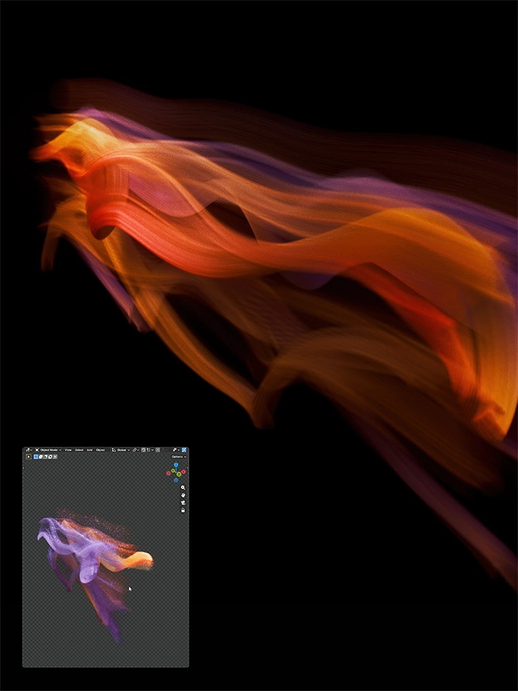 Orange and purple motion-trail render against a black background, with a Blender viewport inset showing the trail geometry in 3D space.
