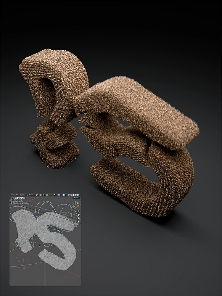 Granular PS letterform collapsing into sand-like particles, with a Blender viewport inset showing the simulation setup.