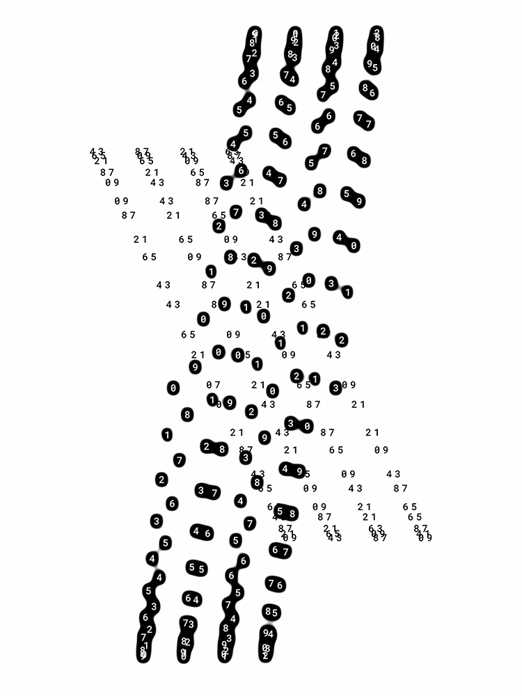 Black numerals arranged in an abstract pattern on a white background.