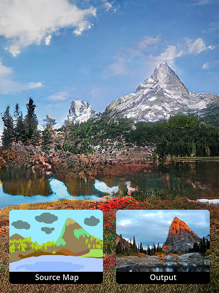 Mountain lake landscape with two inset images below showing a color-coded source map and the generated output.