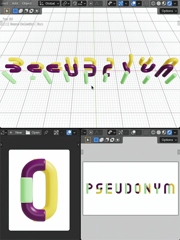 Blender interface showing modular letterforms, with an inset render of numerals 0–9.
