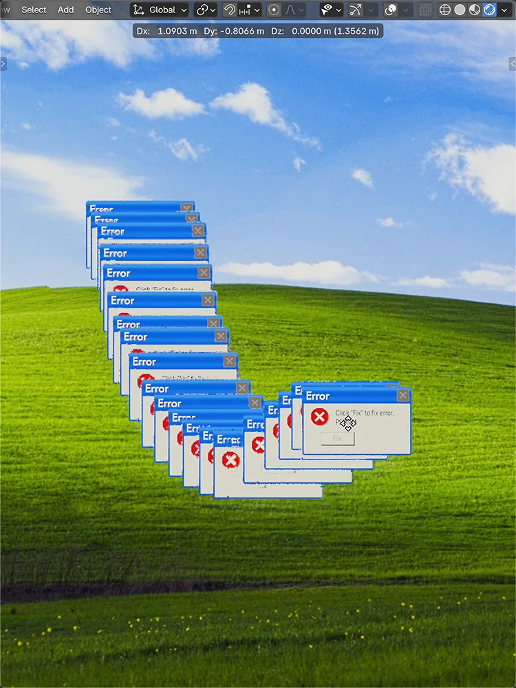Windows XP desktop with repeated error windows forming a curved motion trail.