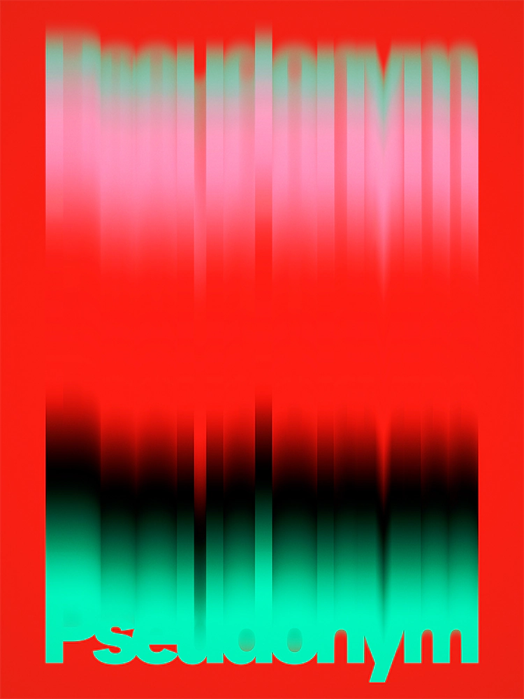 Pseudonym wordmark extended into vertical trails of pink, turquoise, and black against a red background.