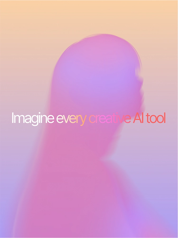 Blurred human silhouette in peach, pink and lavender gradients with the text “Imagine every creative AI tool.”
