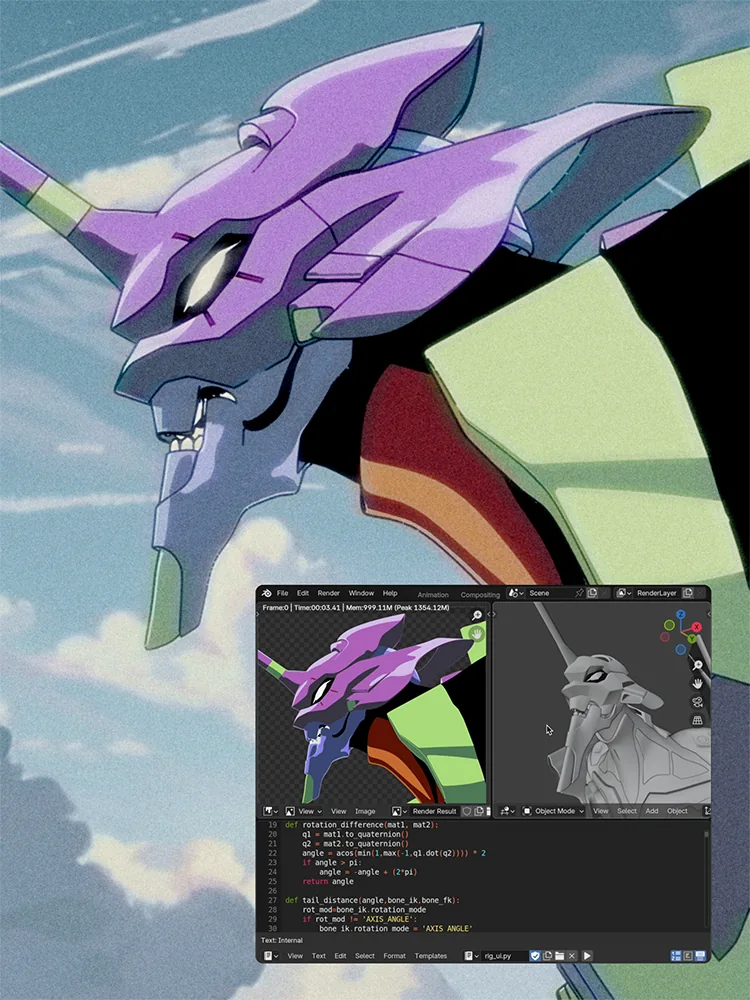 Anime-style robot head with a before-and-after post-processing split and a Blender interface inset showing the 3D model and script panel.