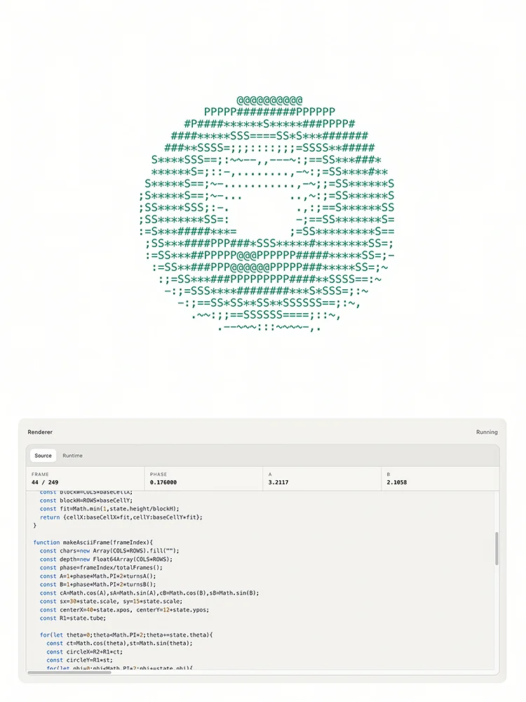 ASCII-rendered torus above a panel displaying its source code.