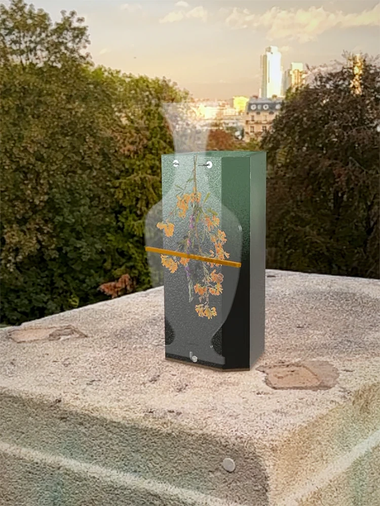 Mobile AR view of a vase on a stone ledge overlooking Paris.