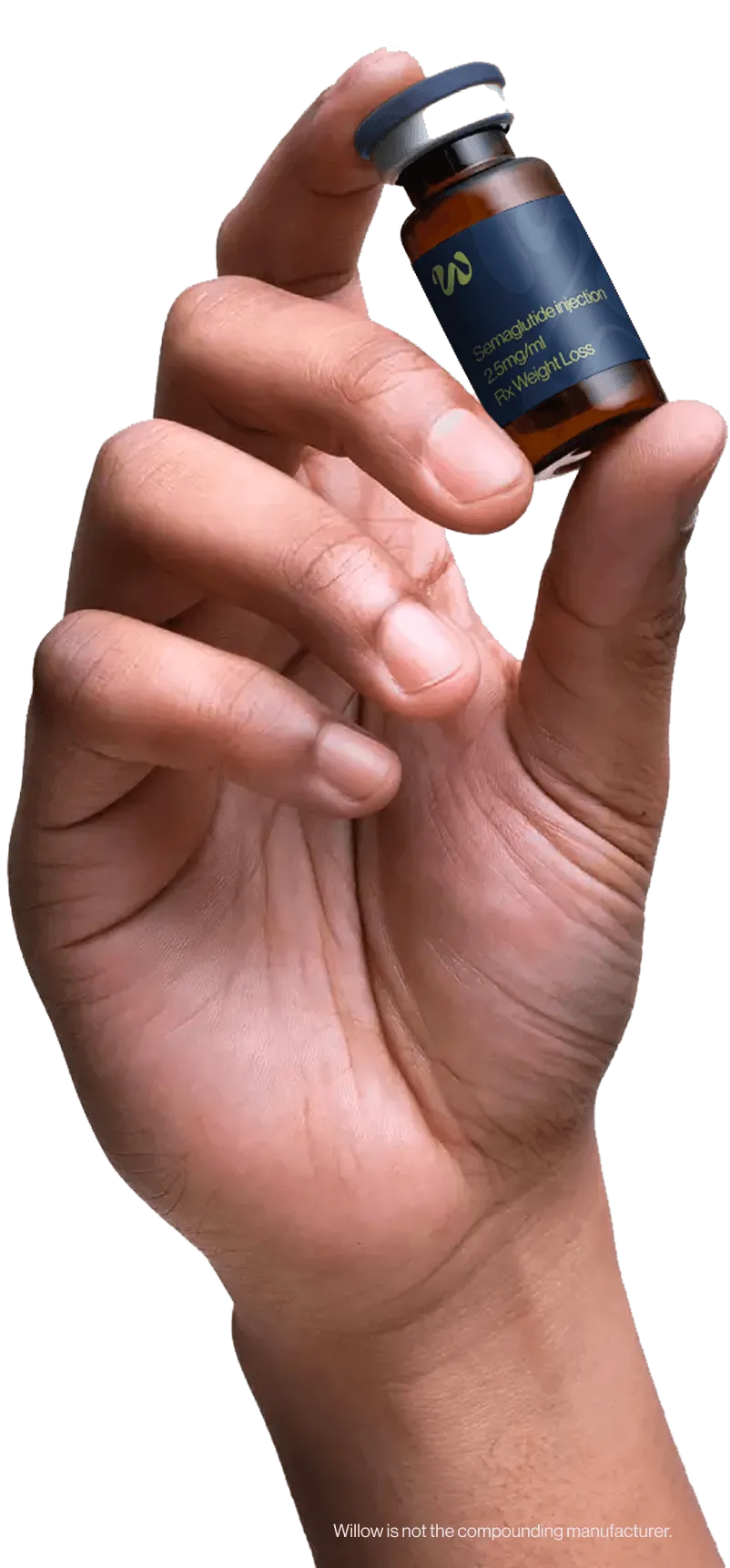 Hand holding a small brown vial labeled Semaglutide Injection 2.5mg/mL Rx Weight Loss.