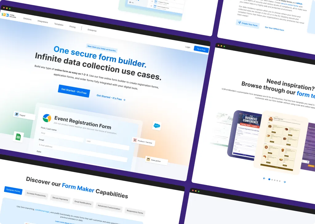 Homepage redesign for a form builder platform, showing updated layout, templates, and an event registration form.