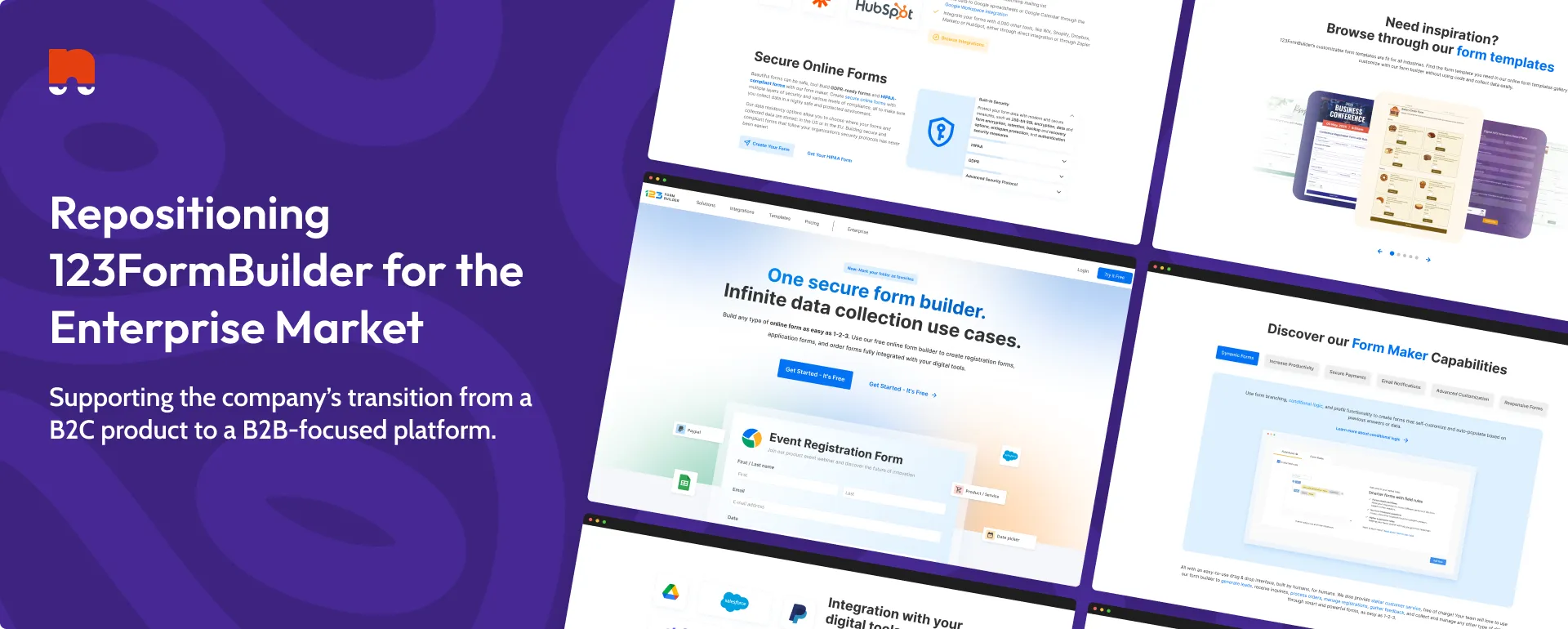 Collage of redesigned 123FormBuilder homepage screens illustrating the platform’s enterprise-focused redesign.