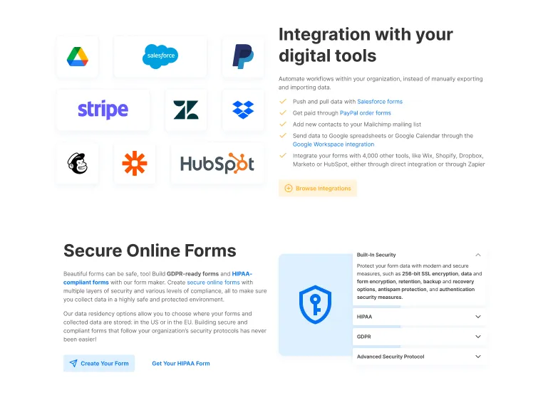 Integrations section displaying supported tools such as Google Drive, Salesforce, Stripe, and HubSpot.