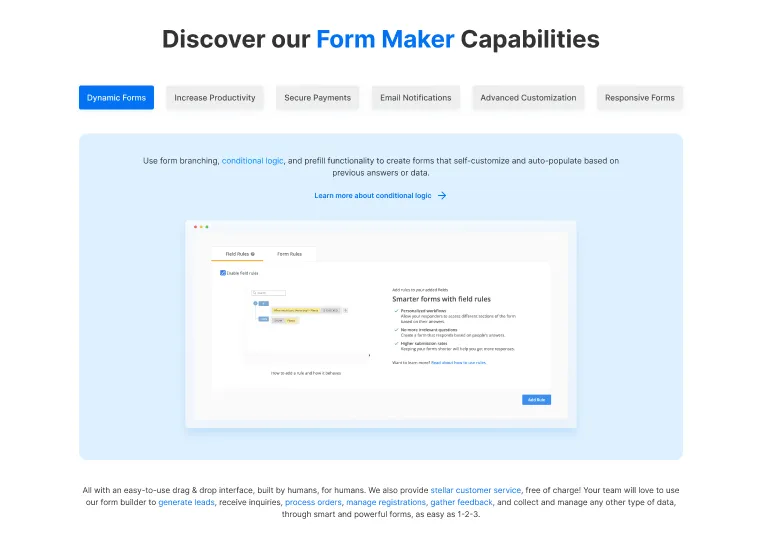 Tabbed feature module showcasing form builder capabilities.