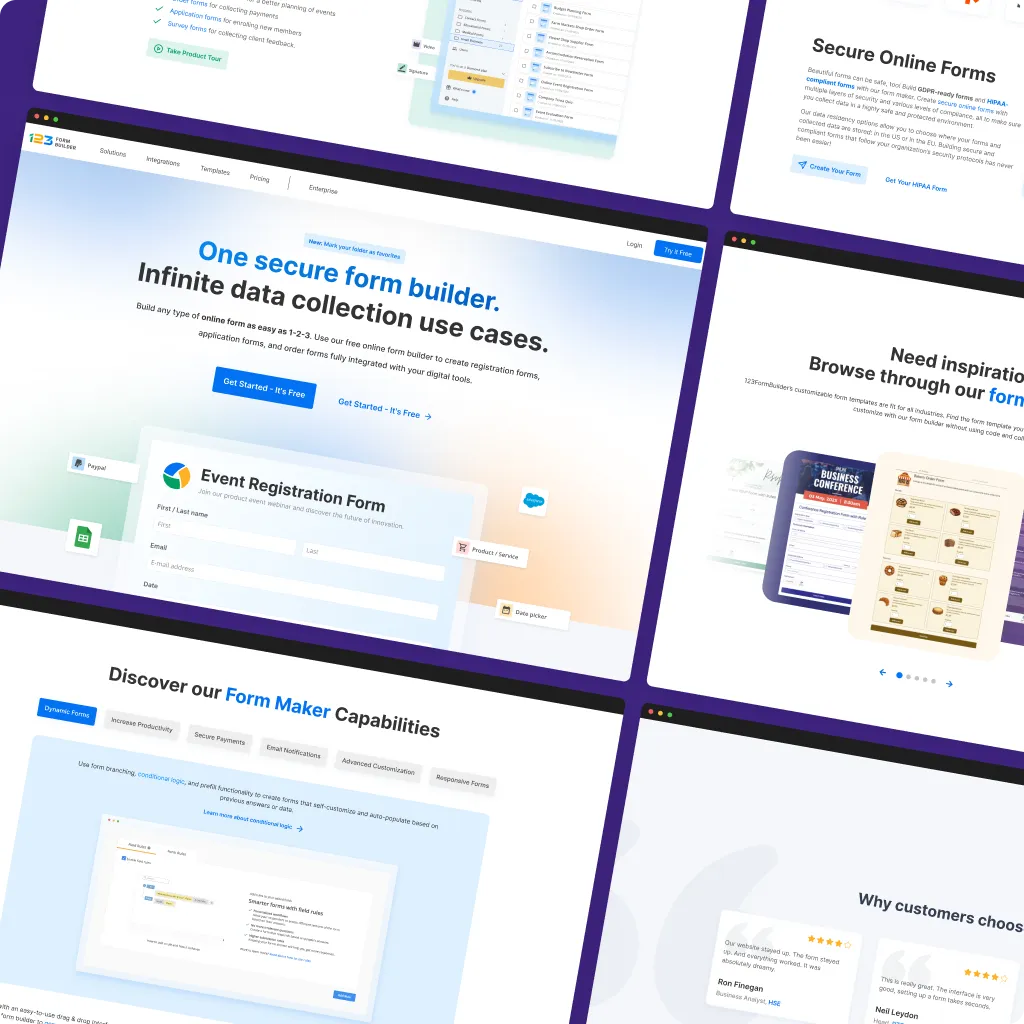 Website screenshots showing the redesign of the homepage of 123FormBuilder.