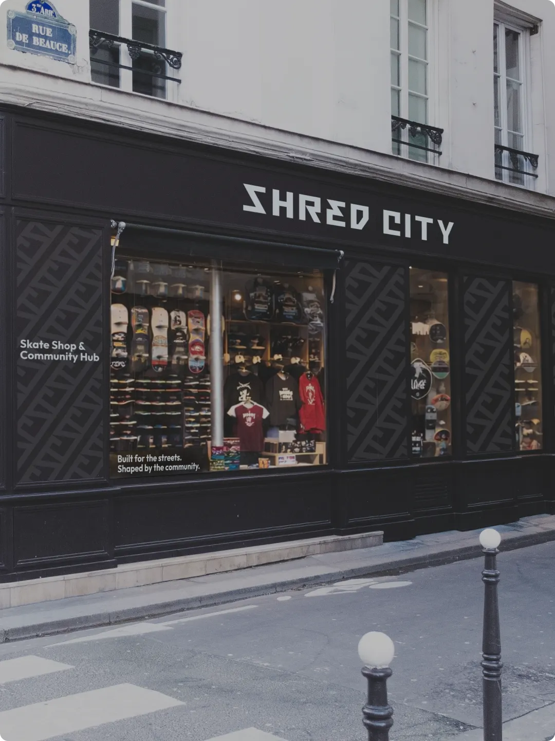 Shred City storefront mockup featuring exterior signage and window display