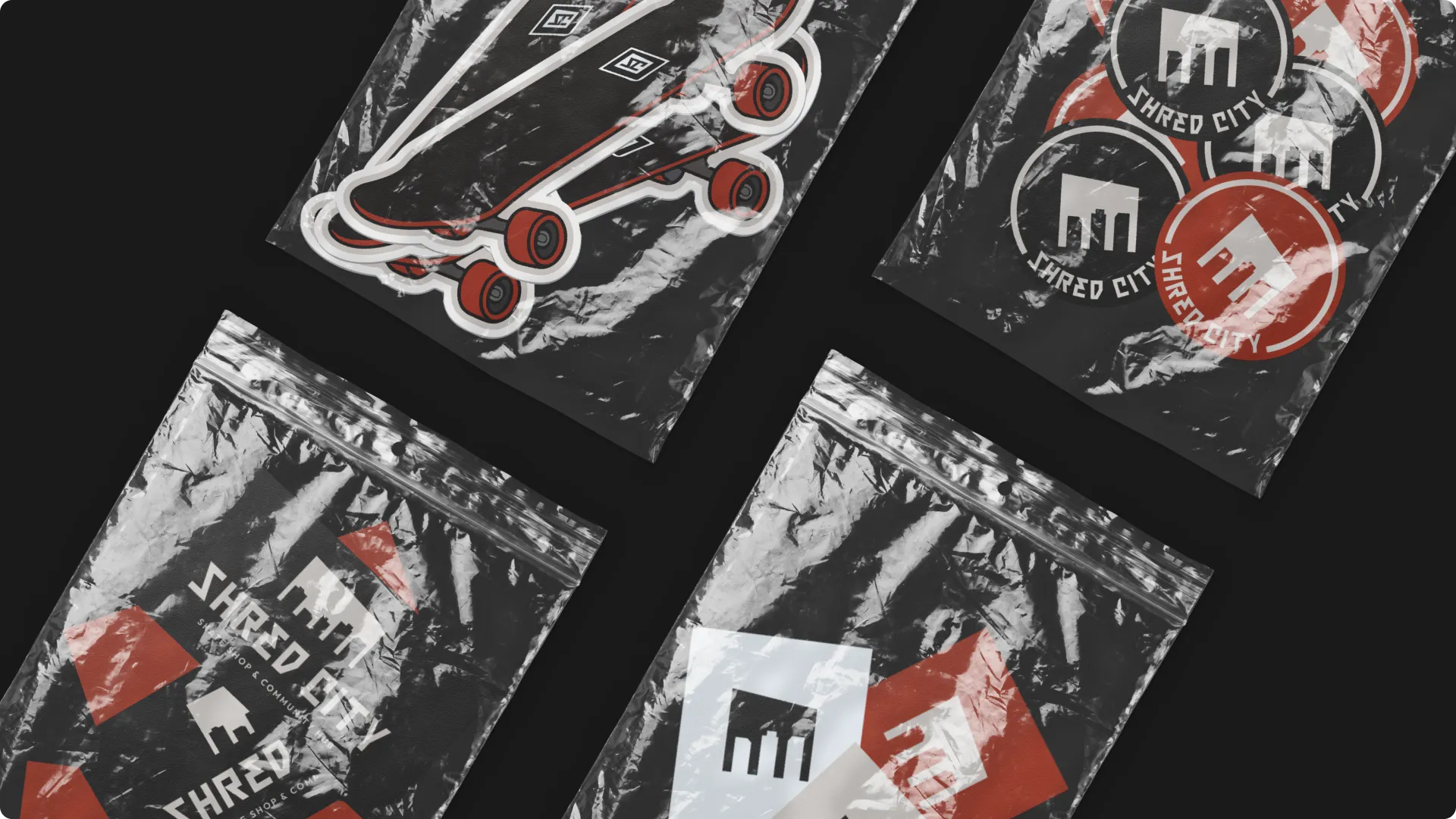 Shred City logo stickers displayed in clear packaging