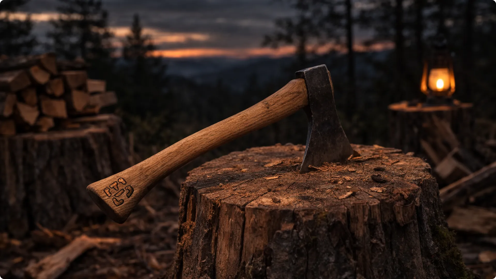 Camping axe resting in a tree stump with the Ember Cairn Alternate Logo pyrograved on the handle.