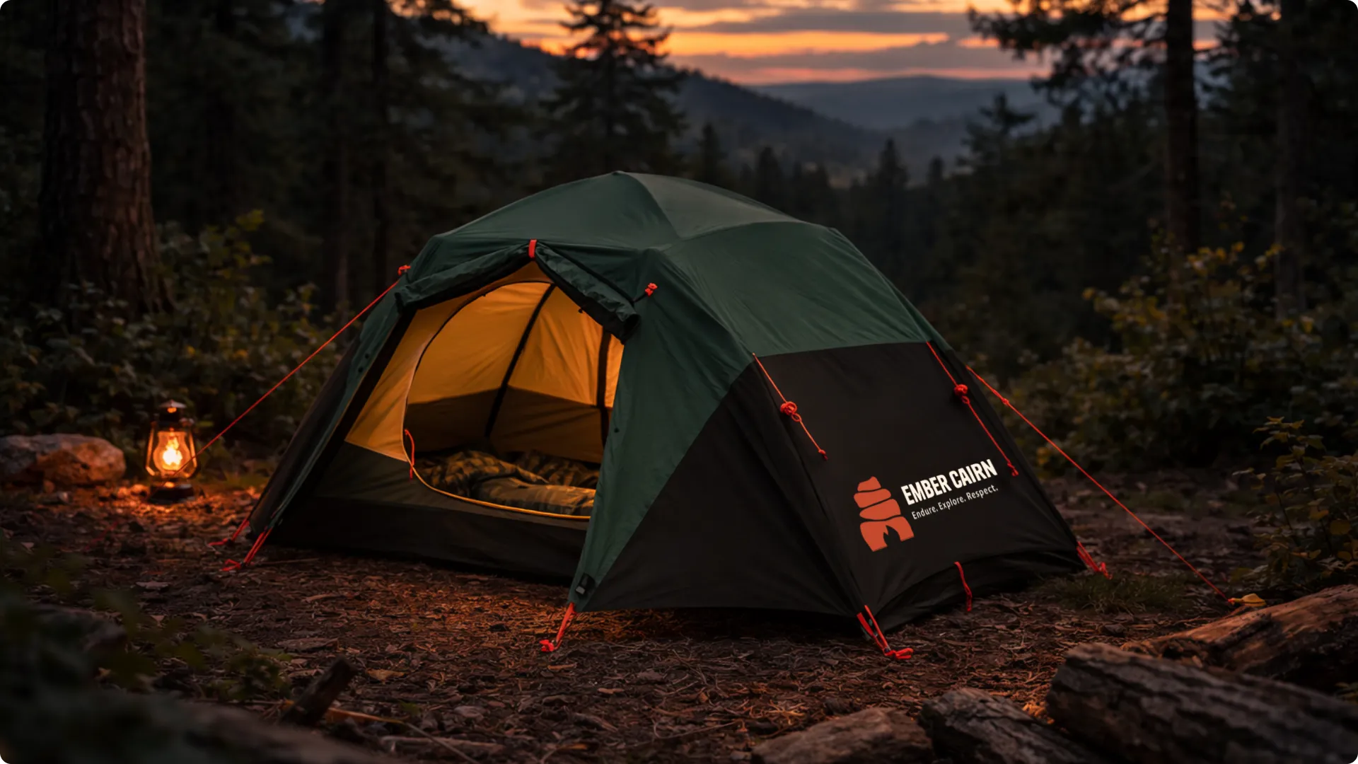 Camping tent in a forest at dusk with the Ember Cairn logo printed on the tent fabric.